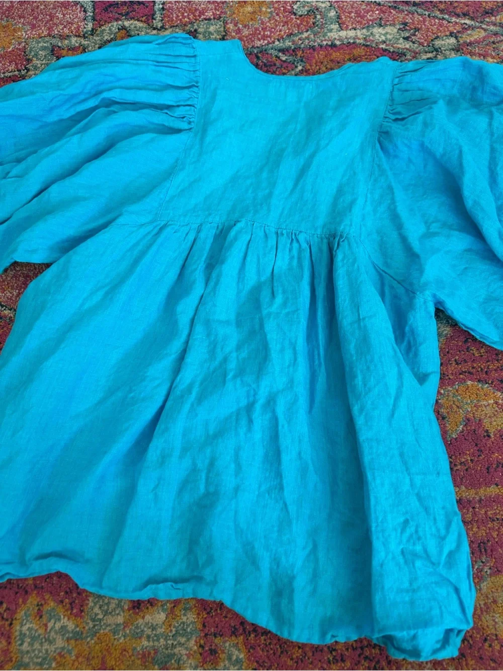 Mille | Women’s Teal Blue Linen Thalia V-Neck Tassel Tie Puff Sleeve Peasant Top
